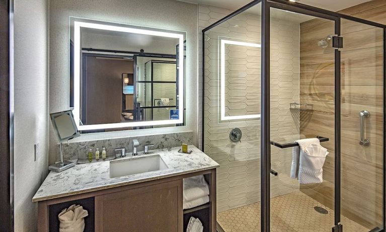 Guest bathroom with shower at DoubleTree By Hilton Modesto.