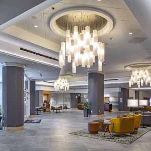 Lobby and coworking lounge at DoubleTree By Hilton Modesto.