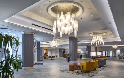 Lobby and coworking lounge at DoubleTree By Hilton Modesto.