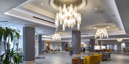 Lobby and coworking lounge at DoubleTree By Hilton Modesto.