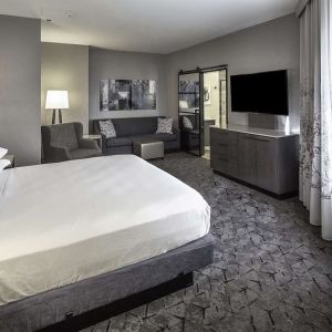 King size bed and sofa in a day use room at DoubleTree By Hilton Modesto.