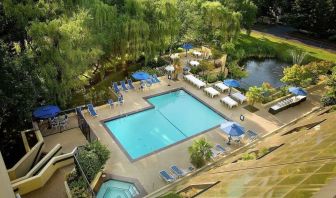 Seasonal outdoor pool and jacuzzi surrounded by sun loungers at Hilton Bellevue.