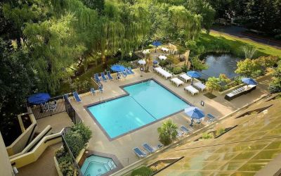 Seasonal outdoor pool and jacuzzi surrounded by sun loungers at Hilton Bellevue.