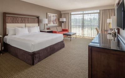 Day use room with work desk and sofa at Hilton Bellevue.