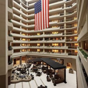 Aerial view of the lobby and coworking lounge at Embassy Suites By Hilton Crystal City-National Airport.