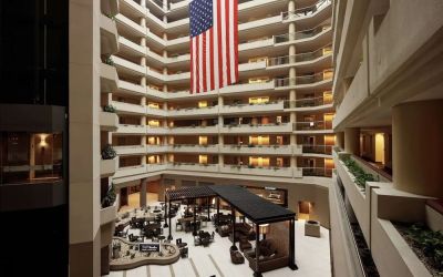 Aerial view of the lobby and coworking lounge at Embassy Suites By Hilton Crystal City-National Airport.