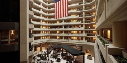 Aerial view of the lobby and coworking lounge at Embassy Suites By Hilton Crystal City-National Airport.