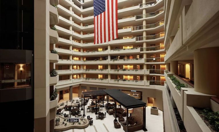Aerial view of the lobby and coworking lounge at Embassy Suites By Hilton Crystal City-National Airport.