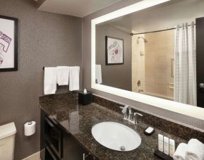 Guest bathroom with shower and tub at Embassy Suites By Hilton Crystal City-National Airport.
