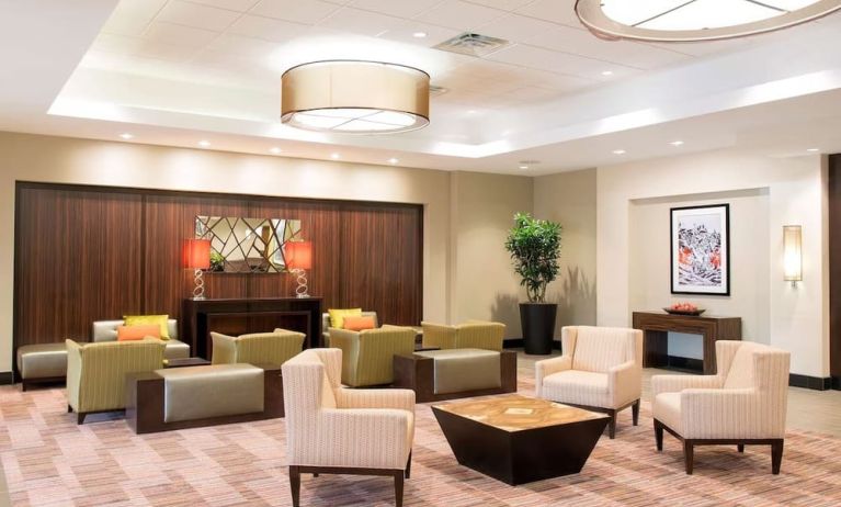 Lobby and coworking lounge at DoubleTree By Hilton Grand Rapids Airport.