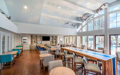 Dining area perfect for coworking at Hampton Inn & Suites Amelia Island-Historic Harbor Front.