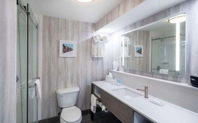Guest bathroom with shower at Hampton Inn & Suites Amelia Island-Historic Harbor Front.