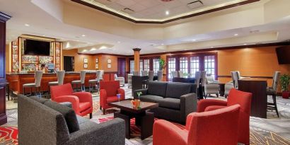 Lobby and coworking lounge at DoubleTree By Hilton Lisle-Naperville.