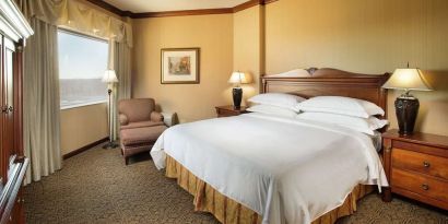 Bright and comfortable hotel room with king size bed and window at DoubleTree By Hilton Lisle-Naperville.