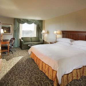 Spacious king room with king size bed, sofa and work desk at DoubleTree By Hilton Lisle-Naperville.