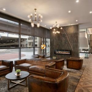 Lobby and coworking lounge at DoubleTree By Hilton Canton Downtown.