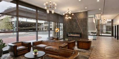 Lobby and coworking lounge at DoubleTree By Hilton Canton Downtown.