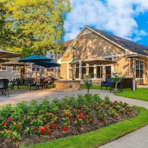 Beautiful patio with lounge seating at Sonesta ES Suites Parsippany Morris Plains.