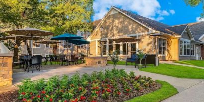 Beautiful patio with lounge seating at Sonesta ES Suites Parsippany Morris Plains.