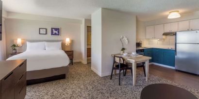 Suite with workspace and in-room kitchen at Sonesta ES Suites Austin The Domain Area.