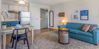 Day use suite with living room and kitchen at Sonesta ES Suites Austin The Domain Area.