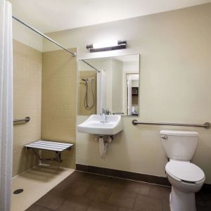 Accessible private guest bathroom with shower at Sonesta Simply Suites St Louis Earth City.