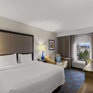Comfortable king room with sofa and work desk at Hampton Inn Bloomington.