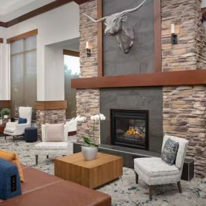 Lobby and coworking lounge at Hilton Garden Inn Fort Worth Medical Center.