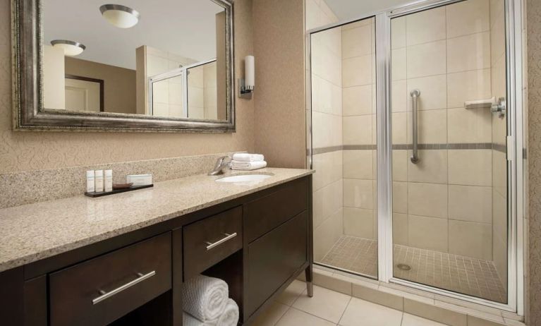 Guest bathroom with shower at Embassy Suites By Hilton Birmingham.