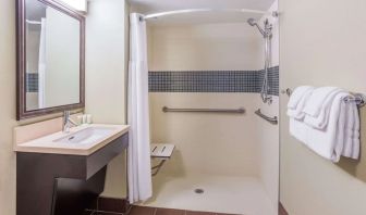 Accessible private guest bathroom with shower at Sonesta ES Suites Atlanta - Perimeter Center.