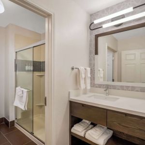 Private guest bathroom with shower and free toiletries at Sonesta ES Suites Denver South - Park Meadows.
