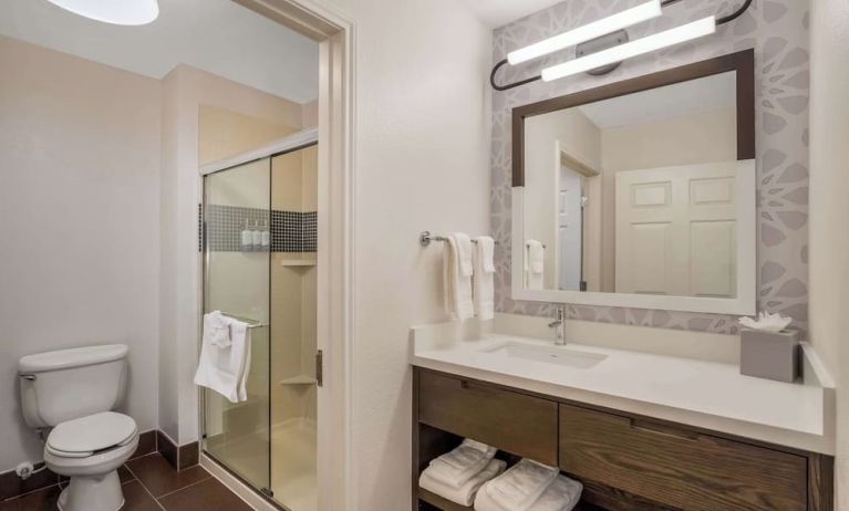 Private guest bathroom with shower and free toiletries at Sonesta ES Suites Denver South - Park Meadows.