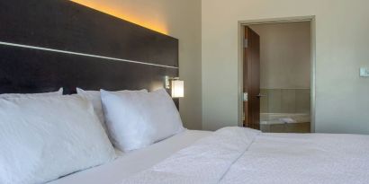 Day use room with king bed and private bathroom at 	Holiday Inn Express & Suites Yorkville.