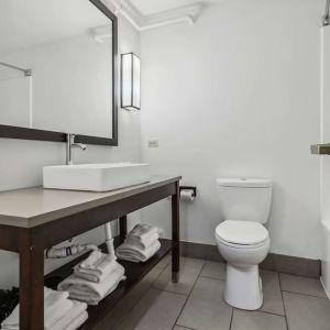 Private guest bathroom with shower and free toiletries at Country Inn & Suites By Radisson, Chicago O'Hare South.
