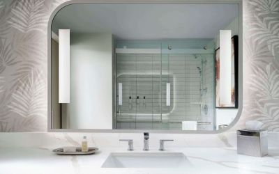 Private guest bathroom with shower at Sonesta Los Angeles Airport LAX.