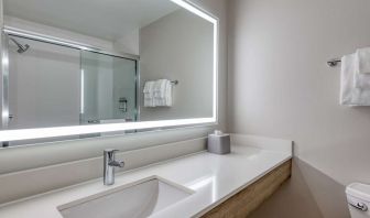 Private guest bathroom with shower and free toiletries at Holiday Inn Express & Suites Bensenville - O'Hare.