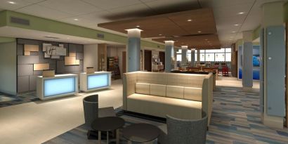 Lobby lounge perfect for coworking at Holiday Inn Express & Suites Bensenville - O'Hare.