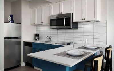 In-room kitchen, equipped with microwave, fridge, sink and breakfast bar at Sonesta ES Suites Chicago Downtown Magnificent Mile - Medical.