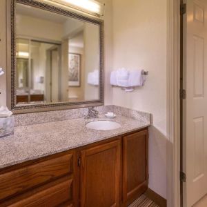 Private guest bathroom with combined shower/tub and free toiletries at Sonesta ES Suites Charlottesville University.