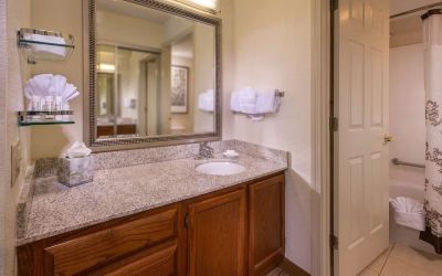 Private guest bathroom with combined shower/tub and free toiletries at Sonesta ES Suites Charlottesville University.