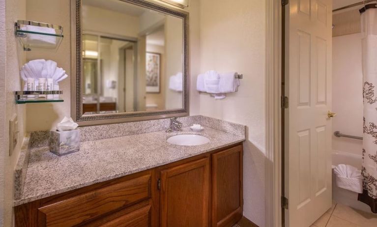 Private guest bathroom with combined shower/tub and free toiletries at Sonesta ES Suites Charlottesville University.