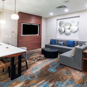Lobby and coworking lounge at DoubleTree By Hilton Tulsa-Downtown.

