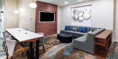 Lobby and coworking lounge at DoubleTree By Hilton Tulsa-Downtown.

