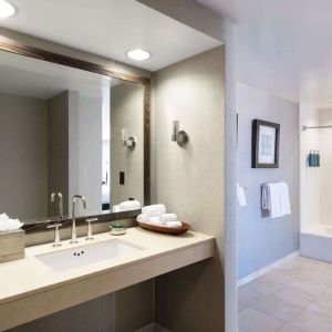 Guest bathroom with shower and tub at Hilton San Francisco Financial District.