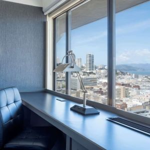 Work desk inside day use room with amazing view at Hilton San Francisco Financial District.