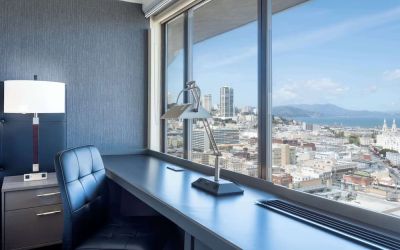 Work desk inside day use room with amazing view at Hilton San Francisco Financial District.