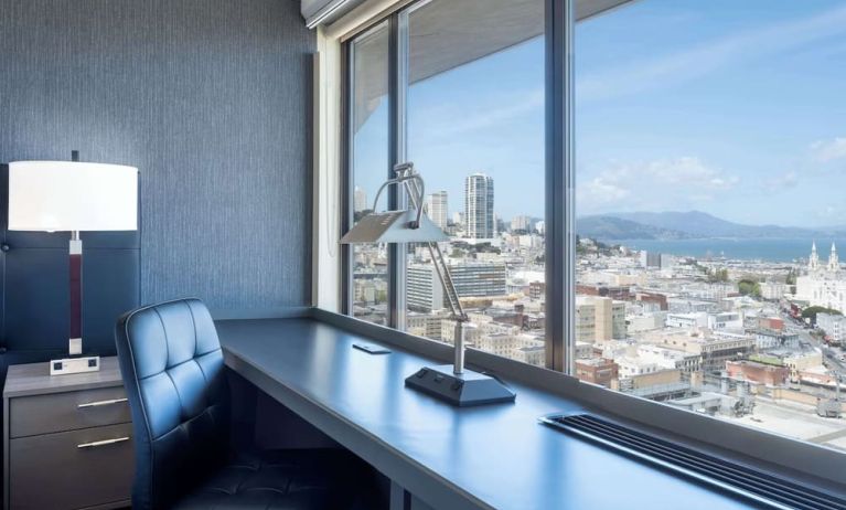 Work desk inside day use room with amazing view at Hilton San Francisco Financial District.