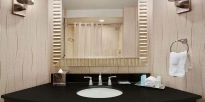 Guest bathroom with shower at Hilton Rosemont/Chicago O'Hare.