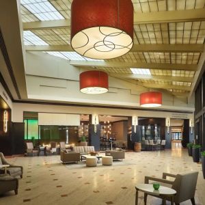 Lobby and coworking lounge at Hilton Rosemont/Chicago O'Hare.