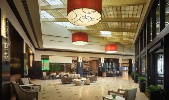 Lobby and coworking lounge at Hilton Rosemont/Chicago O'Hare.